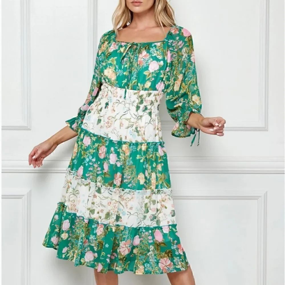 NEW! Gorgeous Layered Green Floral Boho Style Easter Dress Pullover Tie Neck